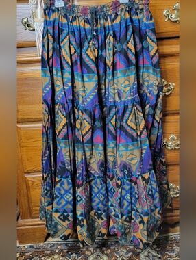 ACCESS Multicolor Aztec Tiered Maxi Skirt in Blue, Purple, Tan, Black Size M